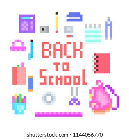 Old school pixel art back to school print with lettering and stationery icons:pen, pencil, sharpener, stapler, calculator, notebook, eraser, glue stick, scissors, backpack, compass, ruler, office tape