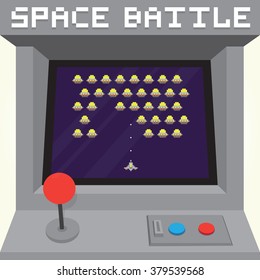 Old school pixel art style ufo arcade machine game cabinet vector illustration