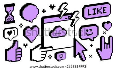 Old school pixel icons with 3d effect in purple color. Y2k collage stickers. Thumbs up, smile face, hearts, cursor hand, speech bubble, like. 8 bit retro style vector elements for digital game design