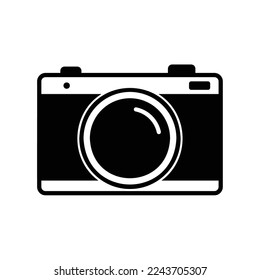 Old school pocket camera icon for taking pictures while traveling on vacation in black solid style