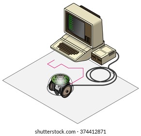 Old school programming and robotics. An old vintage/retro obsolete computer showing lines of a logo program, connected to a turtle robot drawing the output of the program on a large sheet of paper.