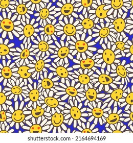 Old school psychedelic background with smile faces in chamomile flowers. Hippie vector seamless pattern. Nostalgia retro 70s groovy print. Colorful textile and surface design