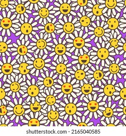 Old school psychedelic background with smile faces in chamomile flowers. Hippie vector seamless pattern. Nostalgia retro 70s groovy print. Colorful textile and surface design