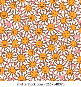 Old school psychedelic background with smile faces in chamomile flowers. Hippie vector seamless pattern. Nostalgia retro 70s groovy print. Colorful textile and surface design