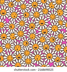 Old school psychedelic background with smile faces in chamomile flowers. Hippie vector seamless pattern. Nostalgia retro 70s groovy print. Colorful textile and surface design