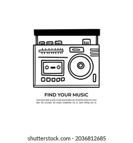 Old school radio tape recorder doodle in black and white. Vintage boombox icon. Hand drawn illustration. Find your music text.