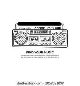 Old school radio tape recorder doodle in black and white. Vintage boombox icon. Hand drawn illustration. Find your music text.
