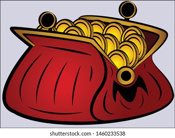 Old School Red Open Purse / Wallet With Money. Purse Full of Gold Coins. Vector Illustration