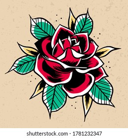 Old School red Rose. Print for t-shirt postcards logo icons. Vintage traditional art. Simbol of love. Barbershop or tattoo studio design. Stock vector illustration isolated on white background.