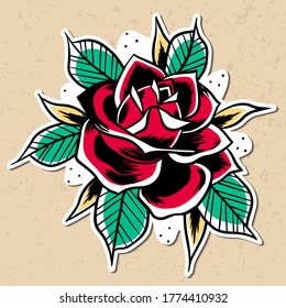 Old School red Rose sticker ready to print. Vintage traditional art. Simbol of love. Barbershop or tattoo studio advertising merch. Stock vector illustration isolated on white background.