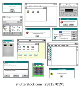 Old school retro applications and programs on personal computer. Isolated windows with files and documents. Games and paint tool, operational system for laptops and pcs. Vector in flat style