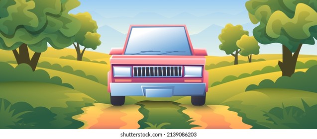 Old school retro cartoon car front view. The car is driving on dirt road to fields and trees background.