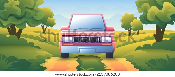 Old school retro
cartoon car front view. The car is driving on dirt road to fields
and trees background.
