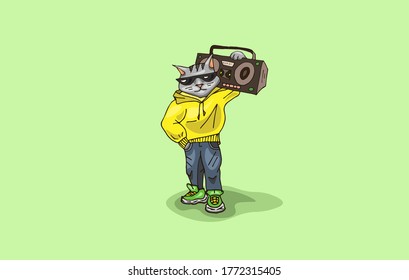 Old school retro cat and boombox wearing hoody   sunglasses  