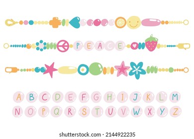 Old school retro friendship bracelets and bead alphabet. Handmade jewelry. Cute doodle set of 00s and 90s. Trendy 2000s Y2K collection. Flat vector script. Do it yourself concept. Hand written letters