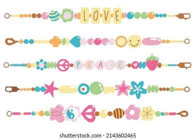 Freundschaft im Retro-Stil der alten Schule Armbänder. Handgefertigter Schmuck mit Herz, Blume, Sternperlen. Cute-Doodle-Set von 00s und 90ern. Trendy 2000s Y2K Sammlung. Flaches Vektorset. Machen Sie es selbst