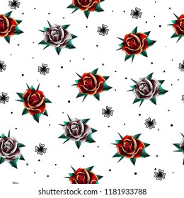 Old school retro vintage doodle tattoo rose spikes seamless pattern.Colorful oldschool tattooings flowers,four-leaf clovers,continuous tracery emblems symbols on white background