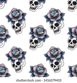 Old school retro vintage doodle tattoo seamless pattern.Rose, skull. knife.continuous openwork emblems symbols.Vector line art oldschool tattoo illustration. Best for printing wrapping paper