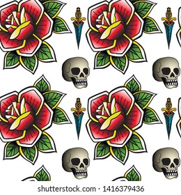 Old school retro vintage doodle tattoo seamless pattern.Rose, skull. knife.continuous openwork emblems symbols.Vector line art oldschool tattoo illustration. Best for printing wrapping paper