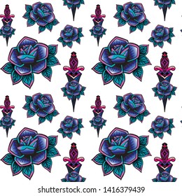 Old school retro vintage doodle tattoo seamless pattern.Rose,knife.continuous openwork emblems symbols.Vector line art oldschool tattoo illustration.Best for printing wrapping paper