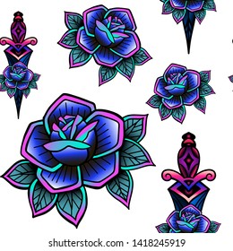 Old school retro vintage doodle tattoo seamless pattern.Rose,knife.continuous openwork emblems symbols.Vector line art oldschool tattoo illustration.Best for printing wrapping paper