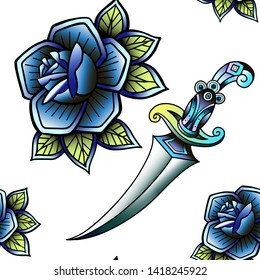 Old school retro vintage doodle tattoo seamless pattern.Rose,knife.continuous openwork emblems symbols.Vector line art oldschool tattoo illustration.Best for printing wrapping paper