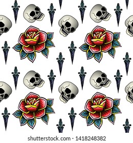 Old school retro vintage doodle tattoo seamless pattern.Rose, skull. knife.continuous openwork emblems symbols.Vector line art oldschool tattoo illustration. Best for printing wrapping paper