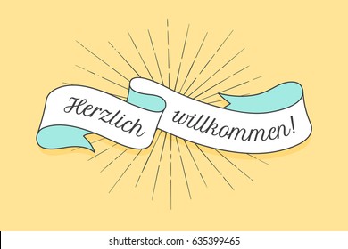 Old school ribbon banner with text in German Herzlich Wllkommen. Ribbon in vintage style with linear drawing of light rays for classic retro design. Hand drawn design element. Vector Illustration