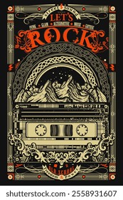 Old school rock music poster. Audio tape and mountains. Heavy metal style. Musical art, t-shirt design