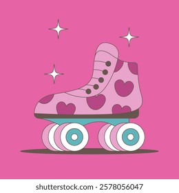 Old school roller skates with hearts, romantic symbols, and pink-red tones. Perfect for cards, social media, web, and print design. Flat vector illustration.