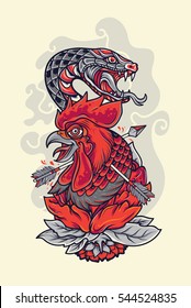 Old School Rooster Head and Snake Tattoo Illustration