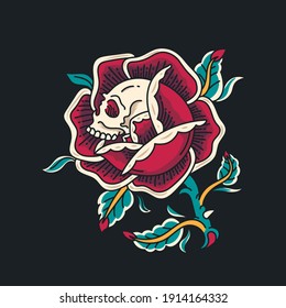 Old School Rose Flower with Skull Tattoo Illustration