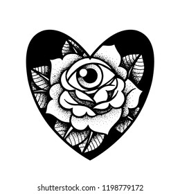 Old school rose tattoo with eye. Traditional black dot style ink. Isolated vector illustration. Traditional Tattoo Flowers Set Old School Tattooing Style Ink Roses. Heart