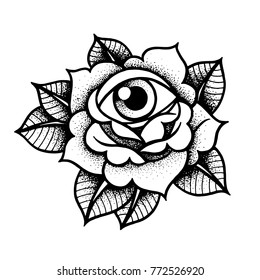 Old school rose tattoo with eye. Traditional black dot style ink. Isolated vector illustration. Traditional Tattoo Flowers Set Old School Tattooing Style Ink Roses