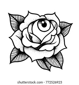 Old school rose tattoo with eye. Traditional black dot style ink. Isolated vector illustration. Traditional Tattoo Flowers Set Old School Tattooing Style Ink Roses