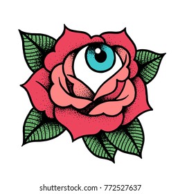 Old school rose tattoo with eye. Traditional black dot style and color ink. Isolated vector illustration. Traditional Tattoo Flowers Set Old School Tattooing Style Ink Roses