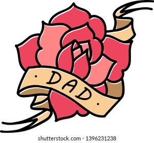 Old school rose tattoo with ribbon and word Dad. Vector illustration art. Vintage engraving. Vintage style. Traditional art tattoos. Blackwork. Isolated vector. Tattoo, mystic symbol.