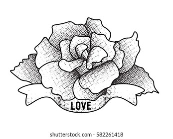 Old school rose tattoo with ribbon and word love. Traditional black dot style. Isolated vector illustration.