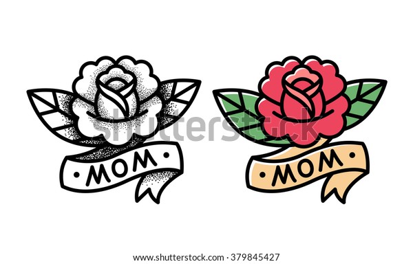 Old school rose tattoo with ribbon and word\
Mom. Two variants, traditional black dot style and color ink.\
Isolated vector\
illustration.