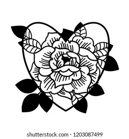 Old school rose tattoo. Traditional black dot style ink. Isolated vector illustration. Traditional Tattoo Flowers Set Old School Tattooing Style Ink Roses. Heart