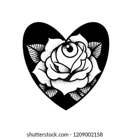 Old school rose tattoo. Traditional black dot style ink. Isolated vector illustration. Traditional Tattoo Flowers Set Old School Tattooing Style Ink Roses. Heart