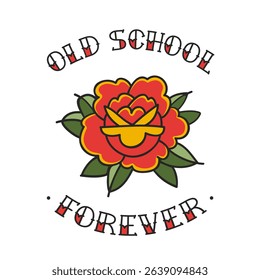 Old School Rose tattoo vector for apparel print design. Tradition Tattoo Rose flower with inscription on white background. Vintage Freedom tattoo Sticker. Old school tattoo illustration