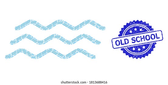 Old School rubber watermark and vector recursive mosaic water waves. Blue stamp seal includes Old School caption inside rosette. Vector mosaic is created with recursive rotated water waves items.