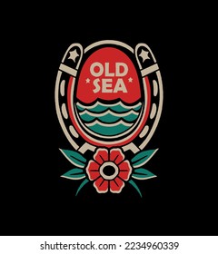 Old School Sea. Old School tattoo design. Sea.artwork. Marine concept. Water and flower