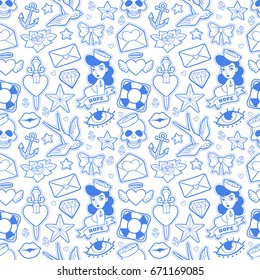 Old school seamless pattern with heart, skull, sparrow, dagger and other elements. Vector background with fashion patches and pins in trendy rockabilly tattoo style.