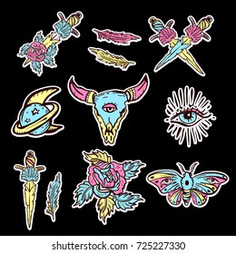 Old school set of esoteric color tattoo elements. Skull bull, rose, knife, butterfly, moon. Esoteric, sacred geometry tattoos, hand drawn vector