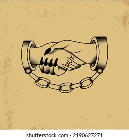 Old School Shaded Tattoo Handshake, Handcuffed, Shaking Devil's Hands