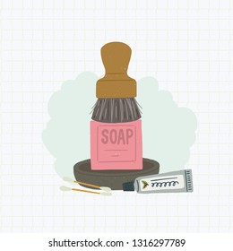 Old school shaving kit. Flat style vector illustration. Eco friendly man cosmetics, soap, brush, cotton swab, bowl, cream tube. Designed for online store, barber shop, site.