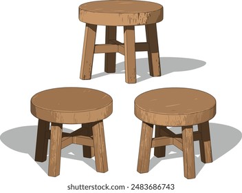 Old school short wooden stools feature a simple, sturdy design with a flat, round seat. They have four straight legs, slightly splayed for stability, connected by crossed horizontal wooden braces.