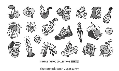 Old school simple tattoo collection on white background. Traditional tattoo symbols and rockabilly elements with phrases and quots. Trendy Tattoo designs for tee print fabric
